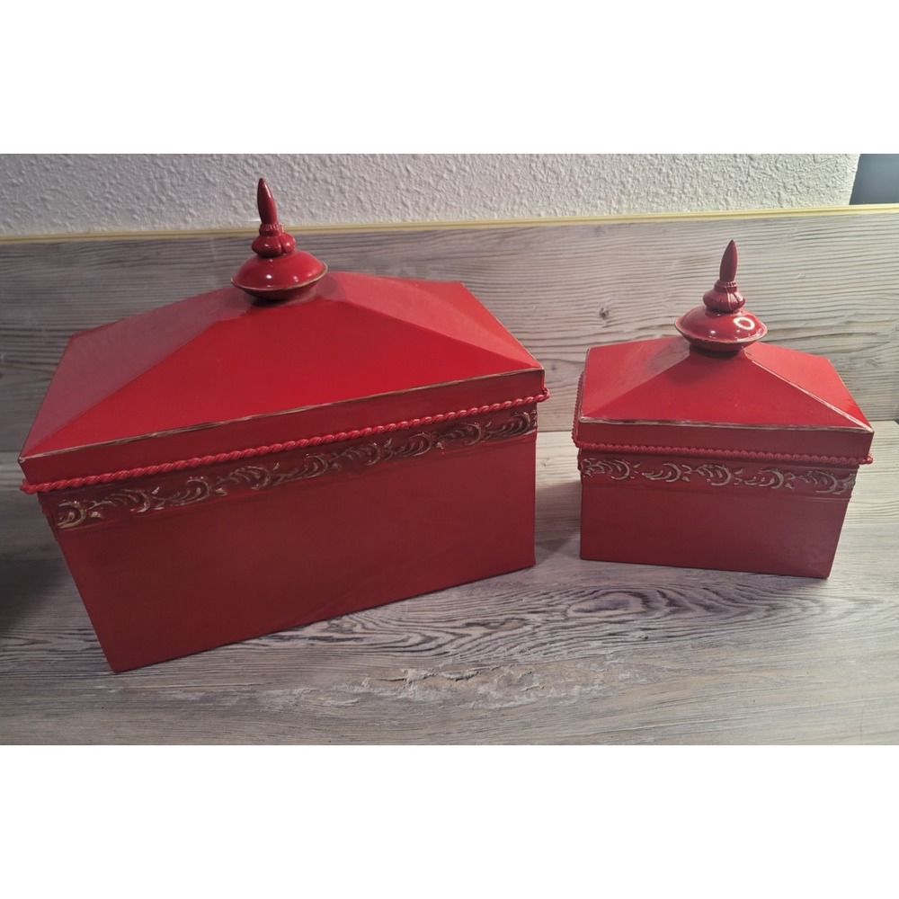 Tin Embossed Red decorative canisters "not for Food" Set of 2 Large 10x6 & 6x4